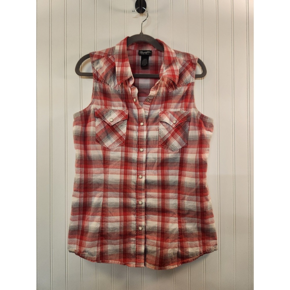 Wrangler Retro Women's Red Flannel Pearl Snap Button Sleeveless Shirt Size L